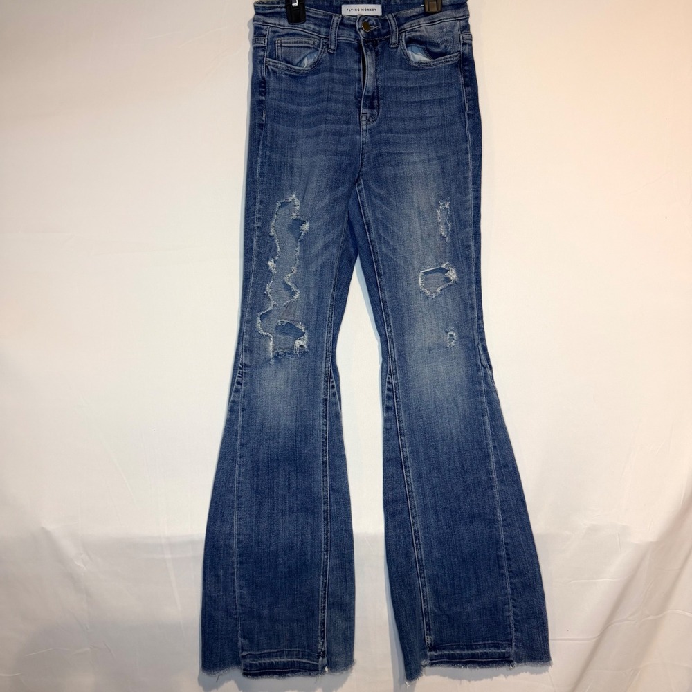 Flying Monkey Womens 26 Distressed Flare Bell Bottom Jeans Medium Wash Blue